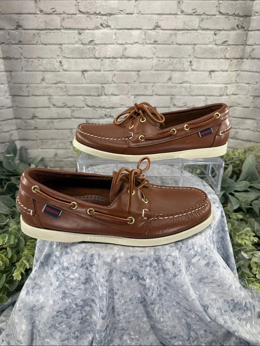 SEBAGO DOCKSIDES “Portland” Cognac Waxed Leather Classic Boat Shoe Mens 7.5W EUC